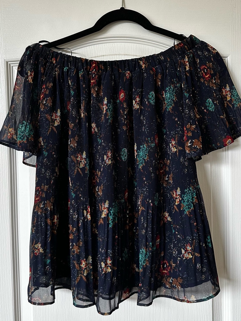 Navy Off-Shoulder Floral Blouse with Teal & Rust Flowers